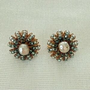 Miriam Haskell Gold & Blue Beaded Cluster Earrings with Faux Pearl Vintage 1960